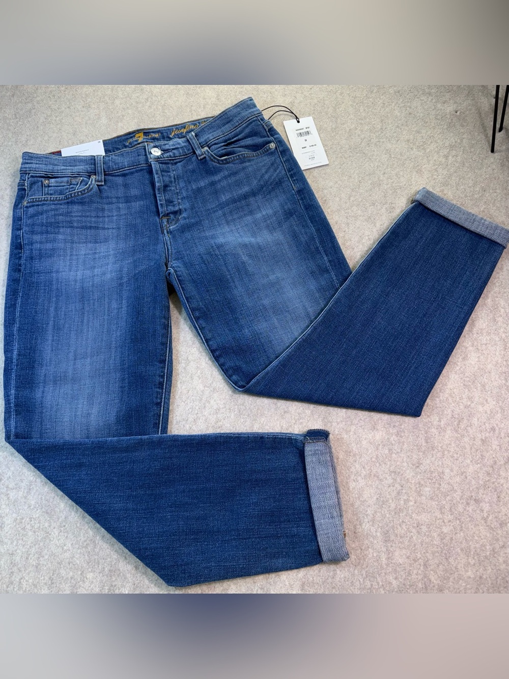 7 For All Mankind Skinny Boyfriend Josefina Blue Cuffed Jeans Sz 28 Button Fly